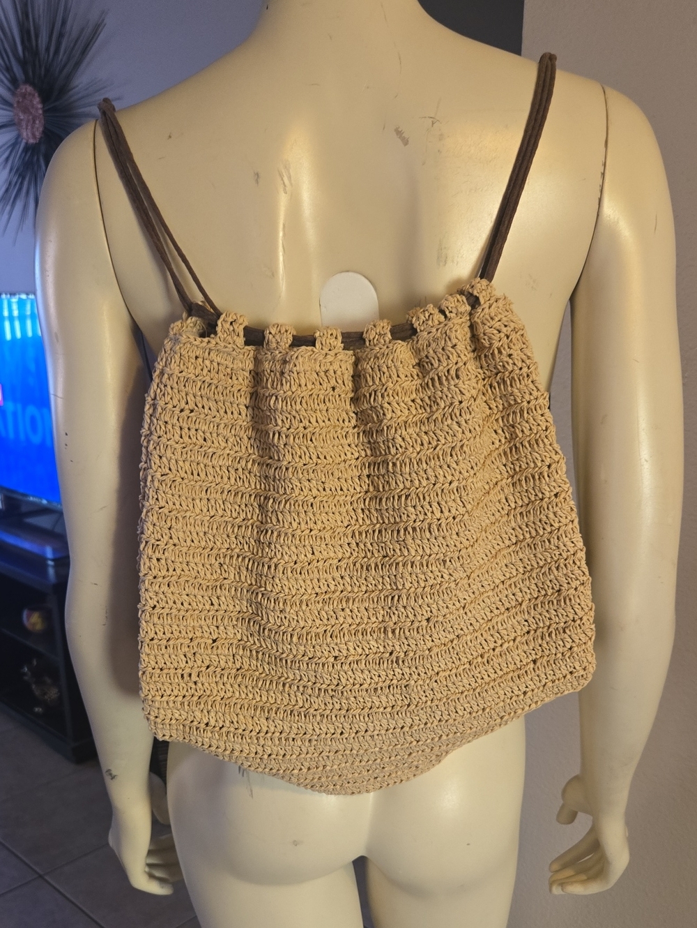 Handmade Beige Crochet Drawstring Shoulder Bag